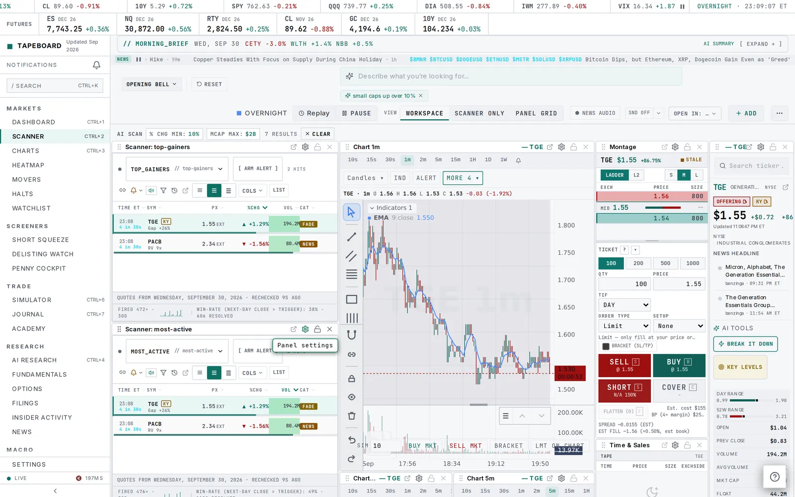 The scanner with a plain-English search, filter chips and a live futures strip above it