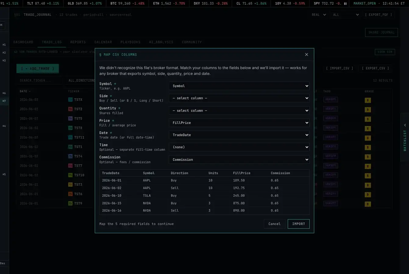 The CSV import wizard matching broker export columns
