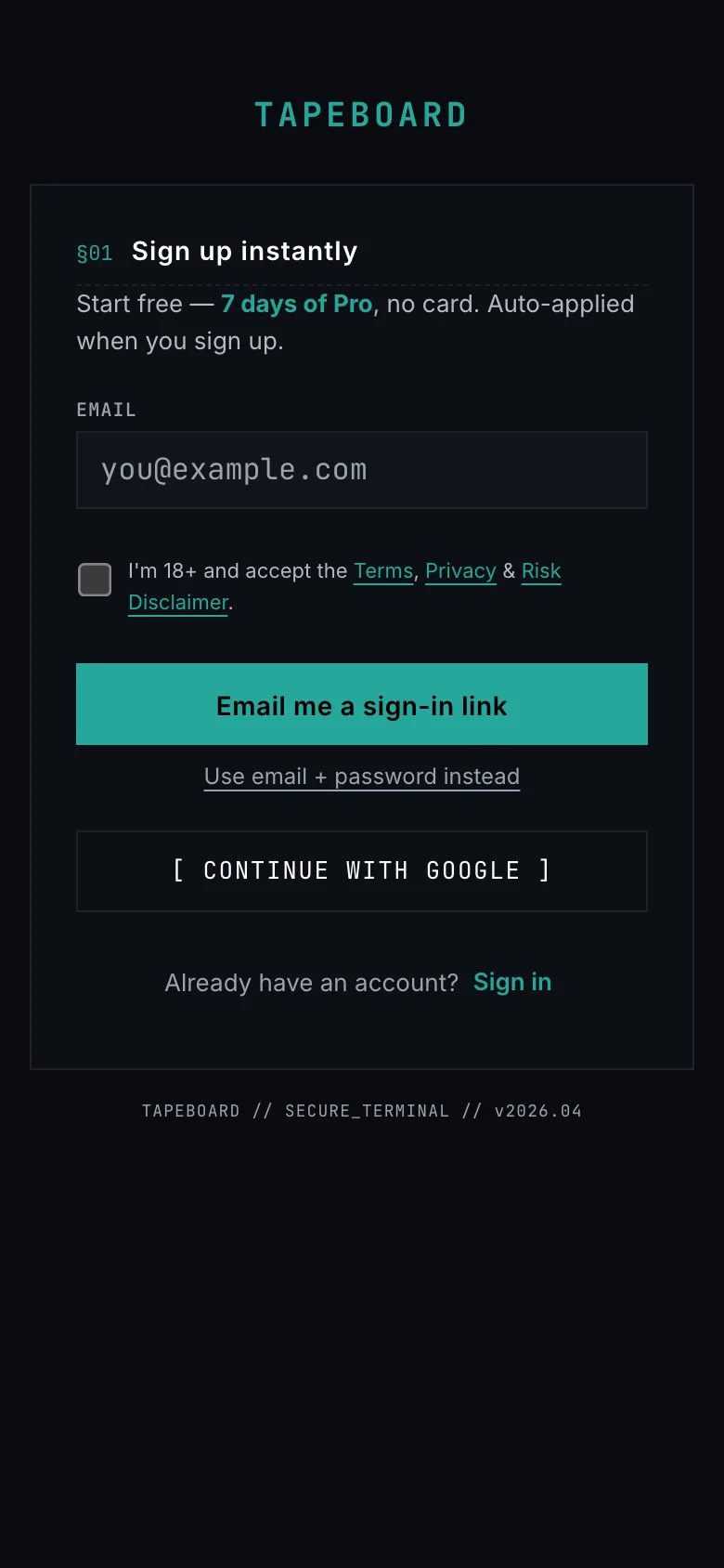 Tapeboard sign-up on a phone showing the magic link flow