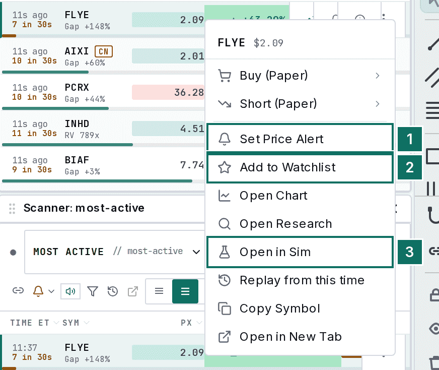 The row menu with Set Price Alert, Add to Watchlist and Open in Sim marked