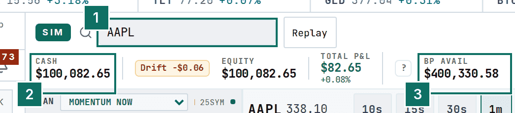 The simulator top bar with the ticker box, practice cash and buying power marked