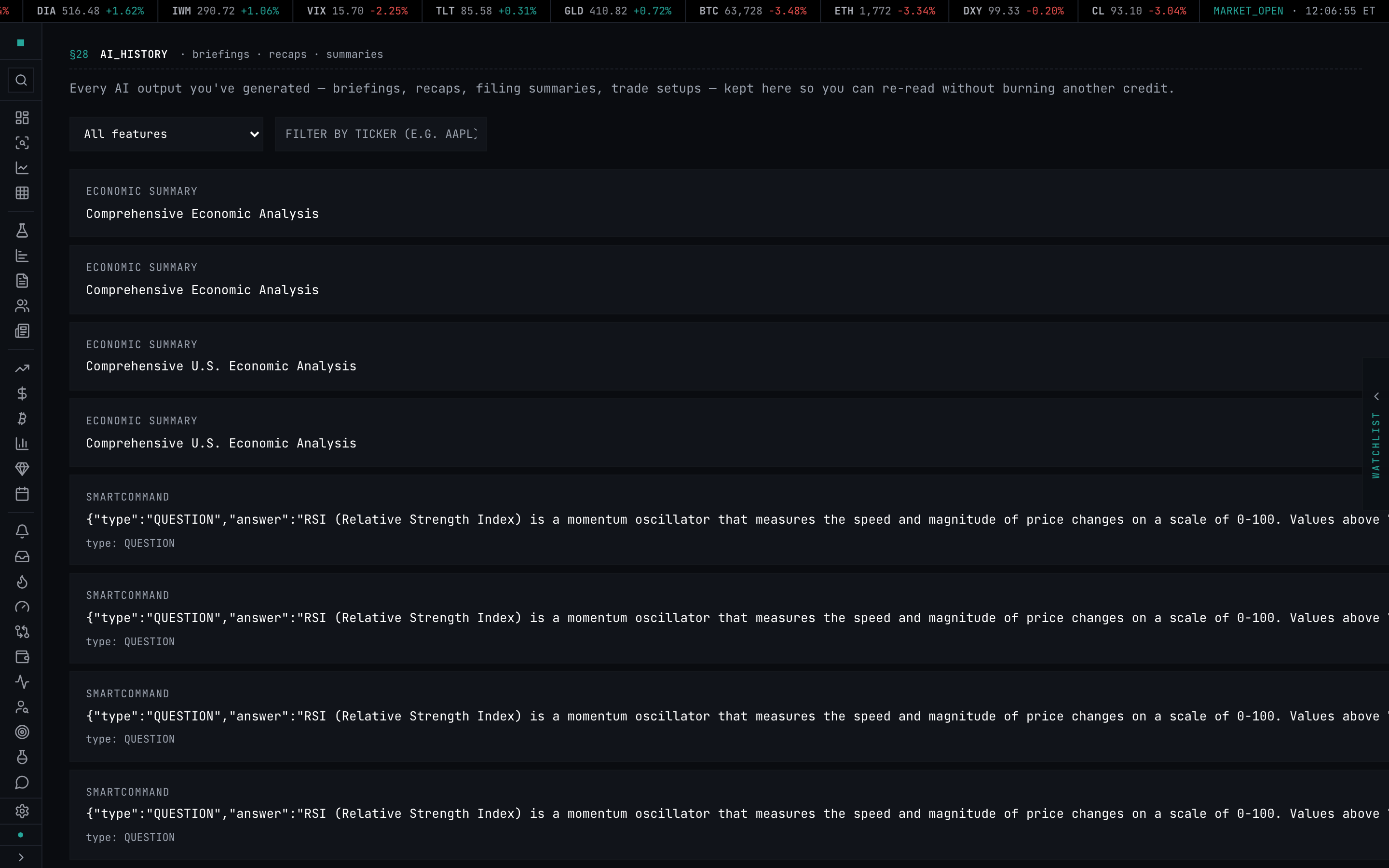 AI history — every AI brief, review, and summary you have generated, saved to your account