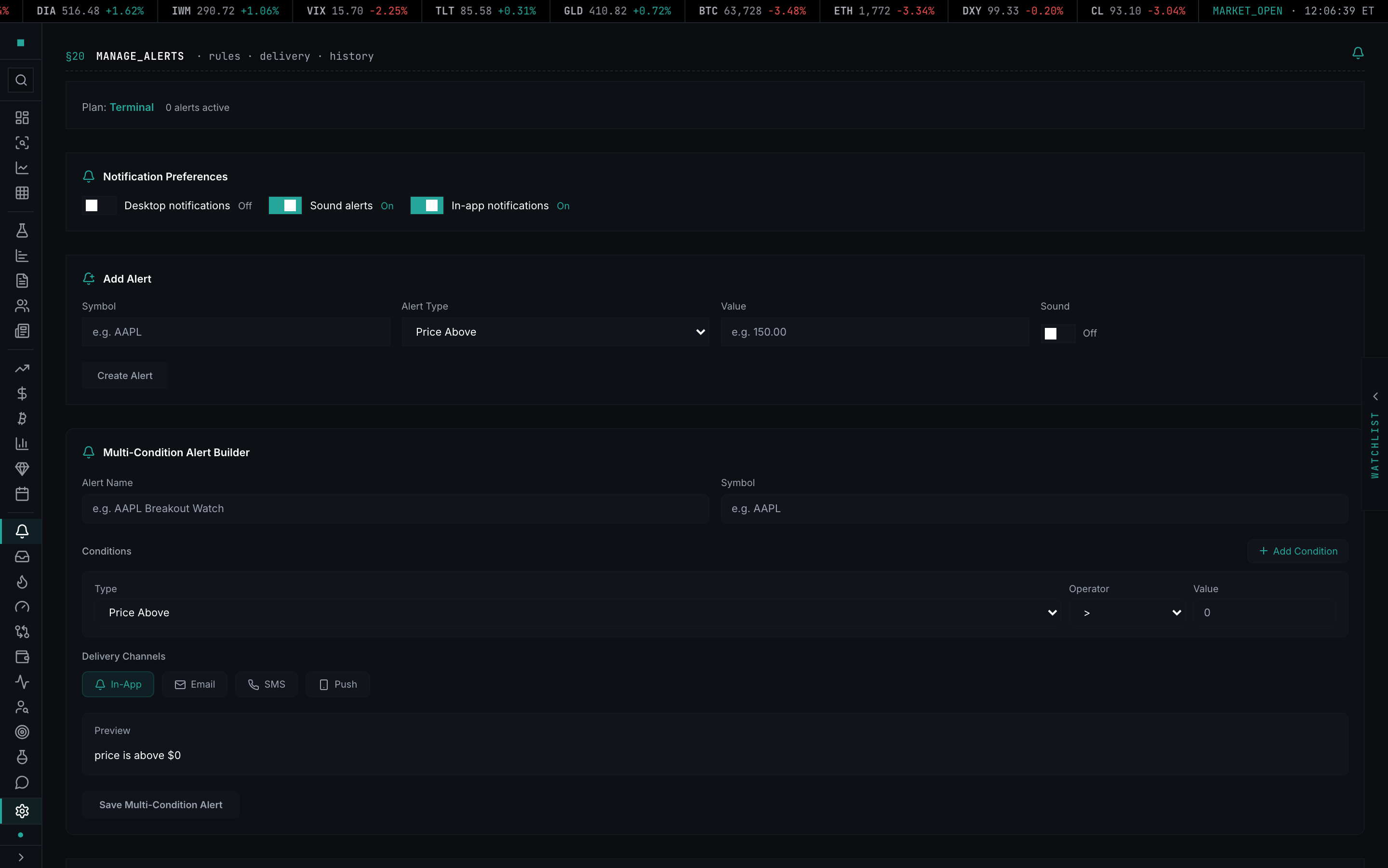 The alerts manager — price, indicator, and scanner-driven alert rules with delivery options