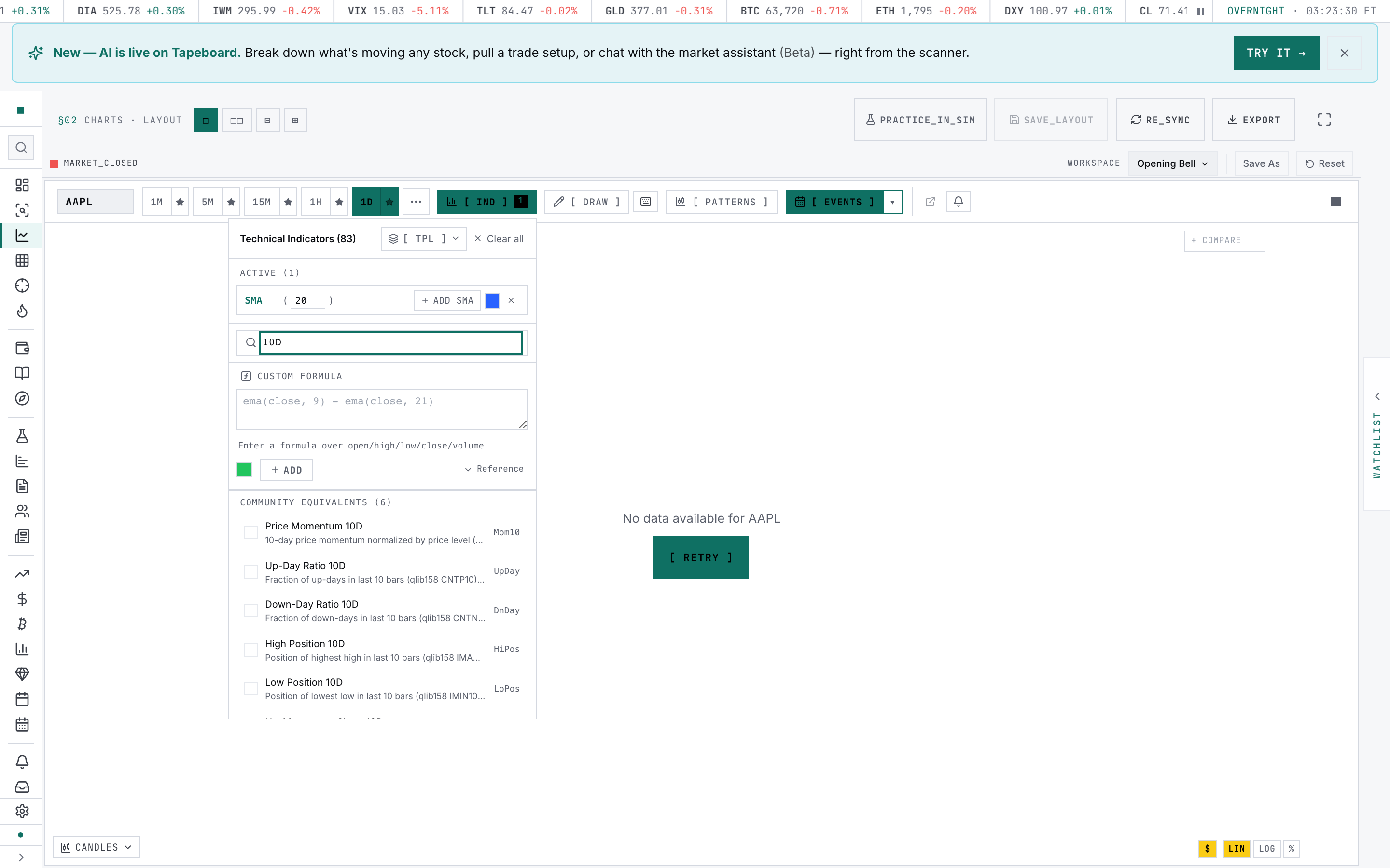 The COMMUNITY EQUIVALENTS group of the Indicator Selector, search filtered to "10D", showing several of the new academic momentum-factor indicators