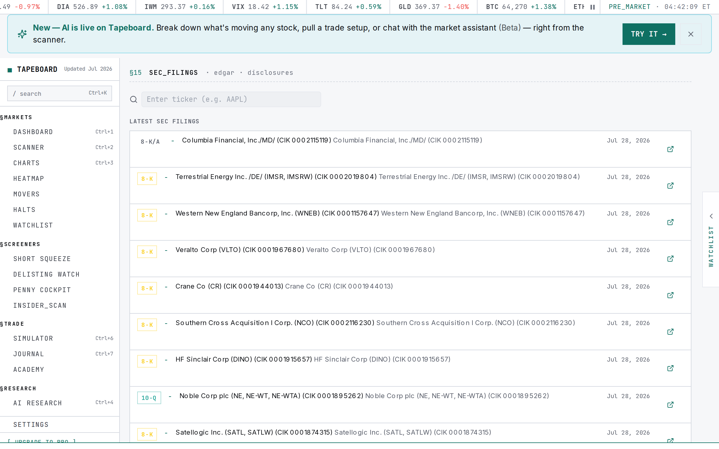 The filings feed — newest regulatory filings with type filters and AI summaries