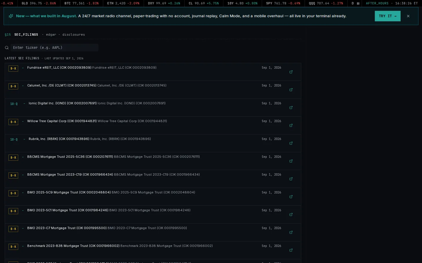 Tapeboard filings surface: live SEC EDGAR filings feed with search