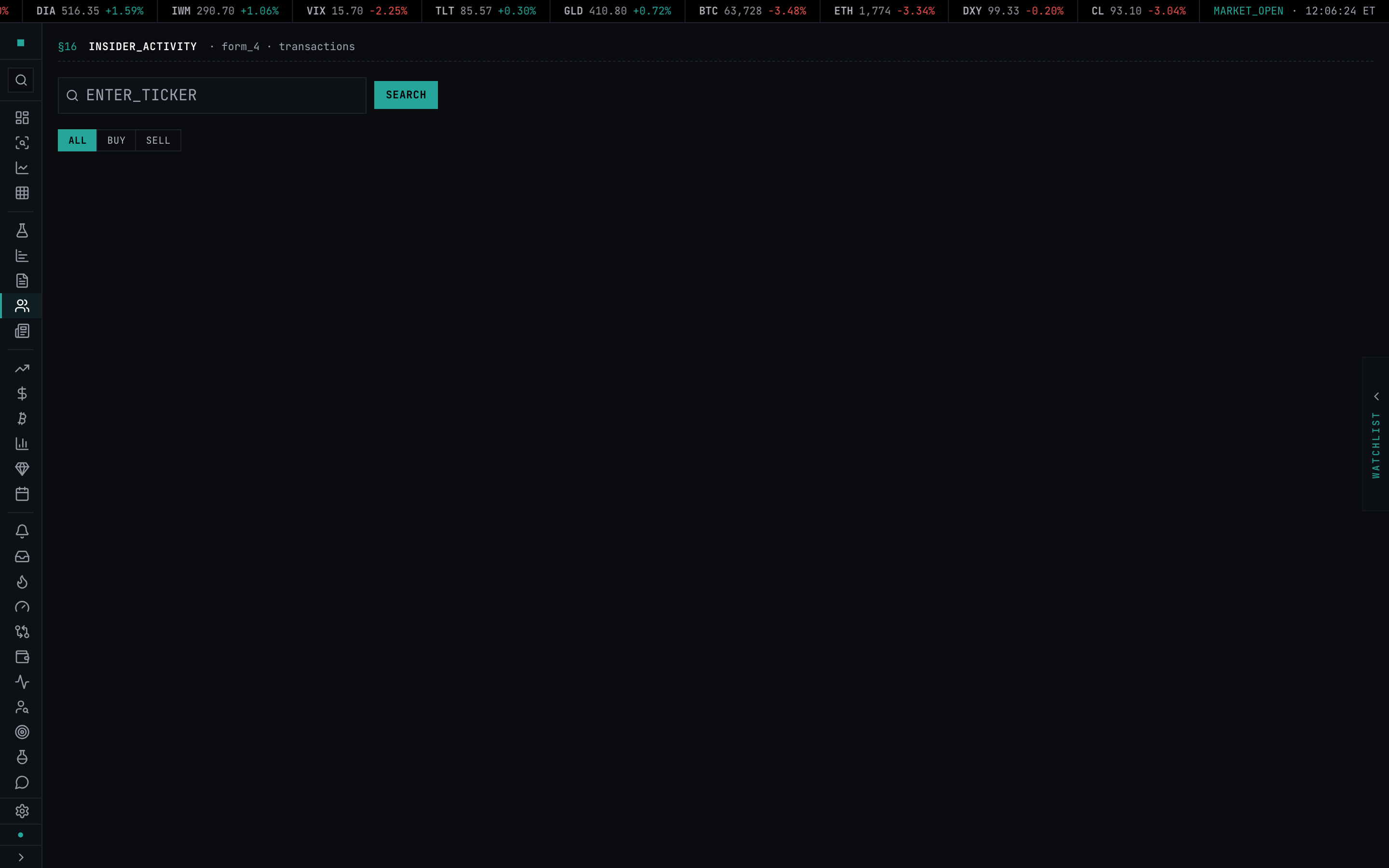The insider-trades feed — Form 4 buys and sells with value, shares, and filer role