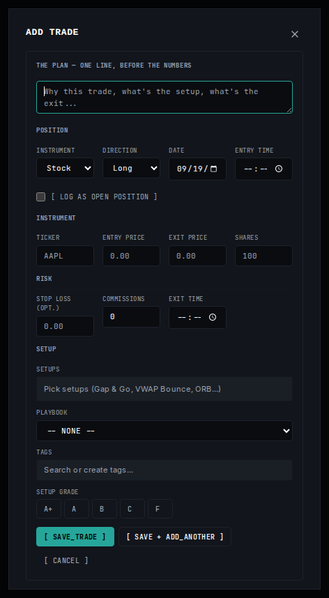 The Trade Log's ADD TRADE form open: ticker, direction, entry and exit price, shares, date, optional stop loss, setups, playbook, tags and grade fields