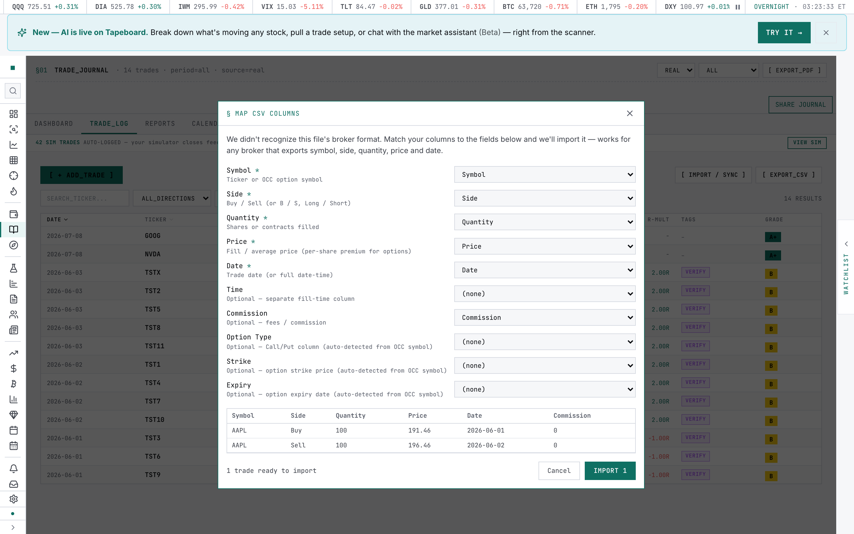 The column-mapping wizard for an unrecognized broker CSV, with the live row preview and the Symbol / Side / Quantity / Price / Date field mapping