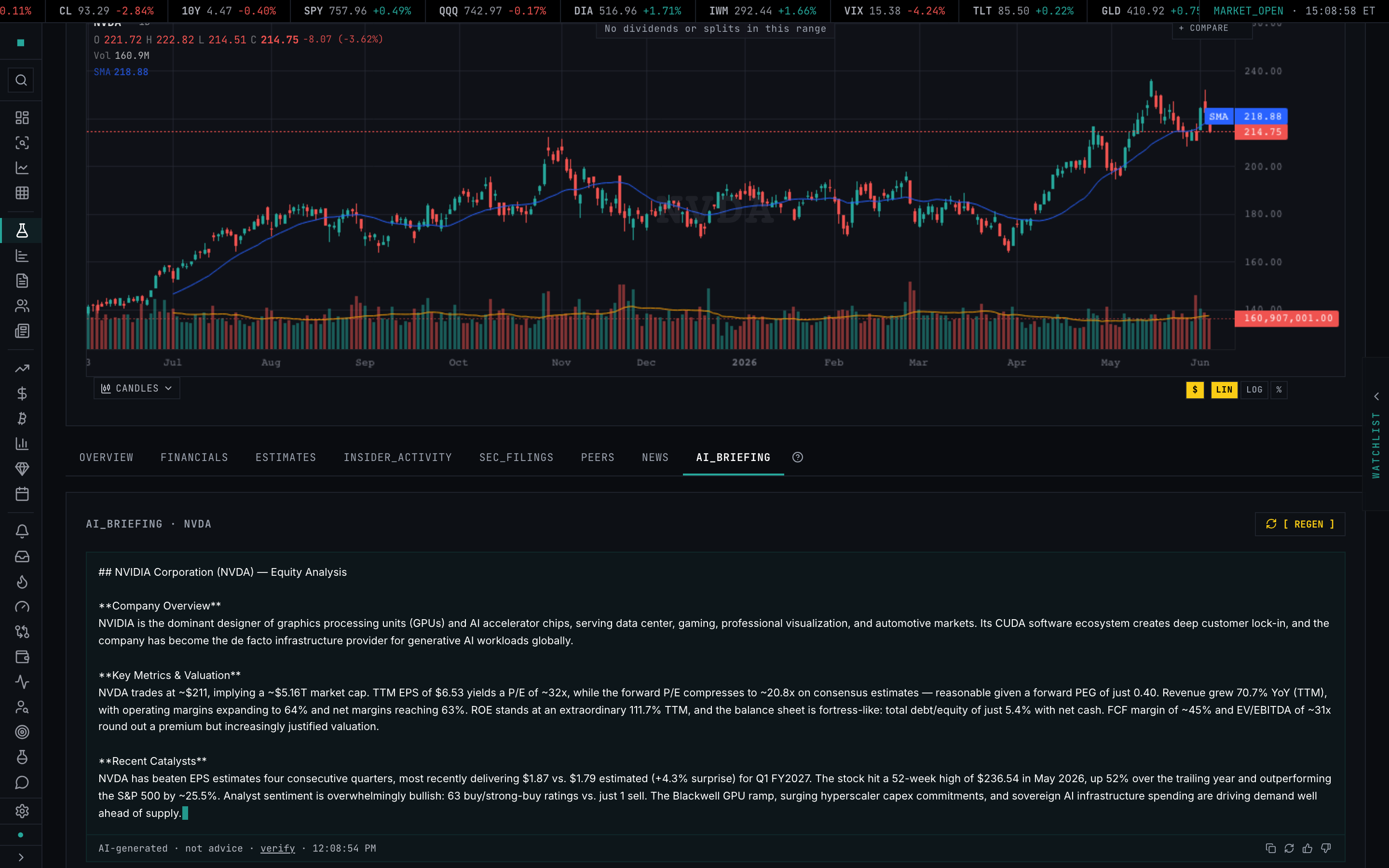 AI Briefing tab — generated company brief with the REGEN button and structured equity-analysis sections