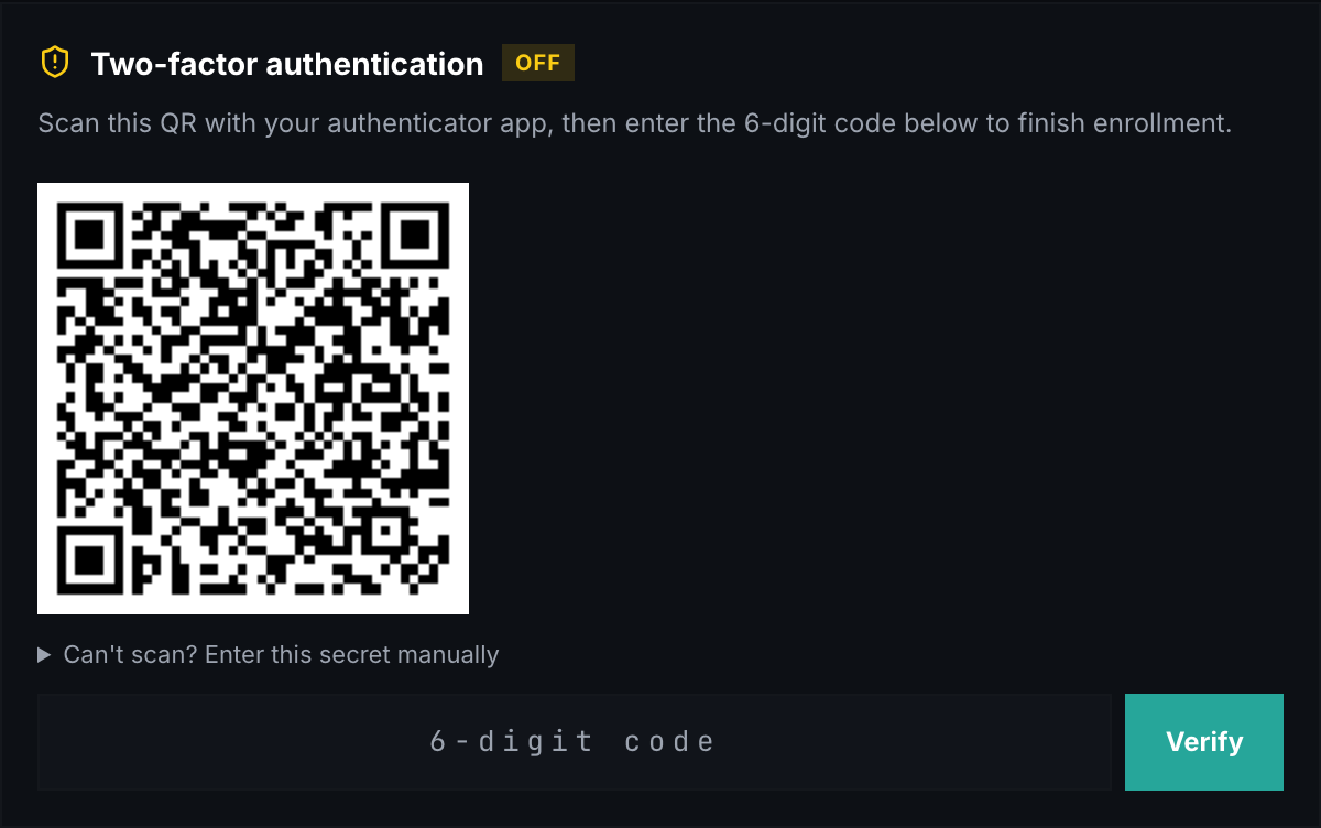Two-factor setup showing the QR code to scan, the "Can't scan?" manual-secret option, and the six-digit verification field with a Verify button