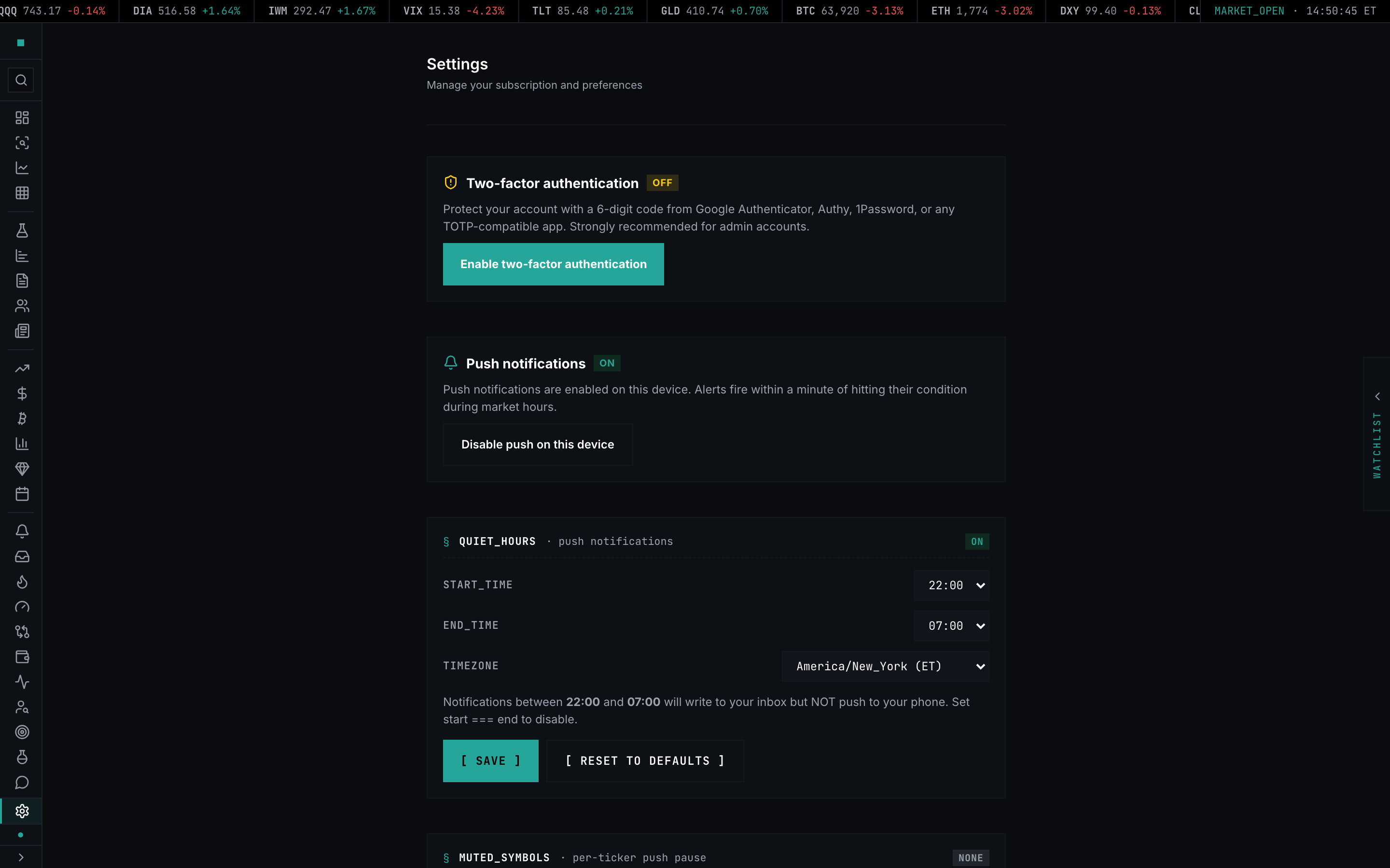 Settings page top — single-column stack starting with Two-factor authentication, Push notifications, and Quiet hours