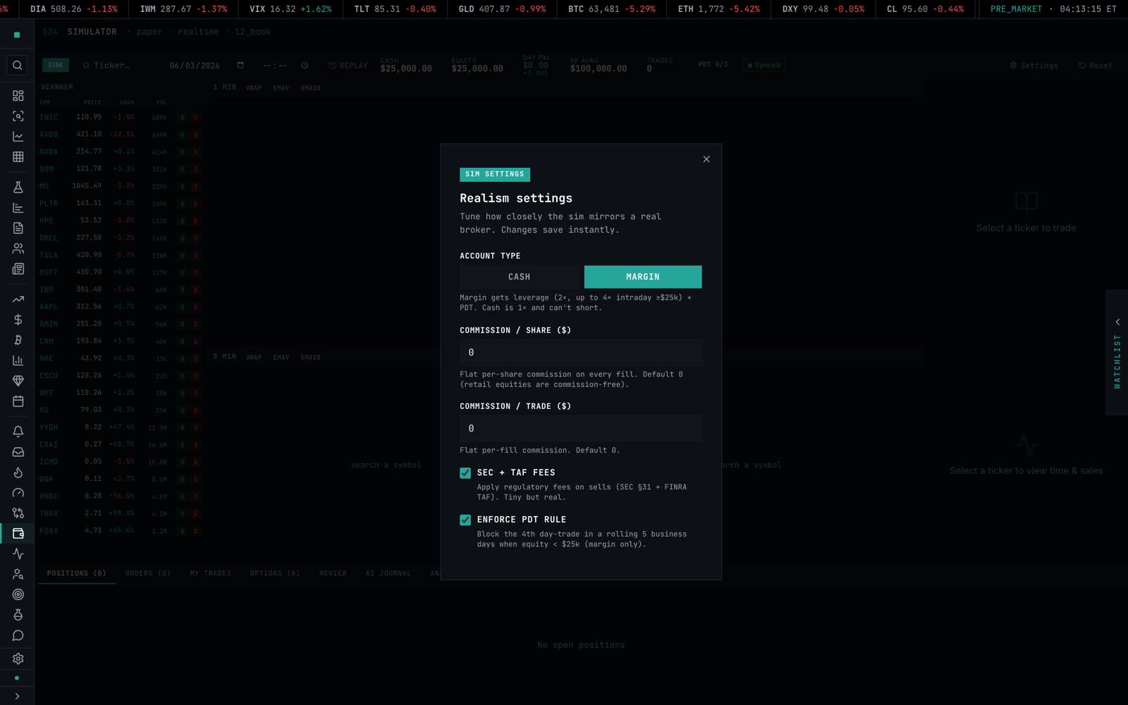 Realism settings — account type, commissions, regulatory fees, and the legacy PDT toggle