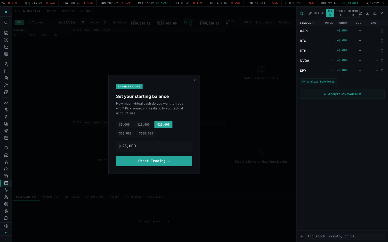 First-run setup — pick your paper starting balance ($5K-$100K)