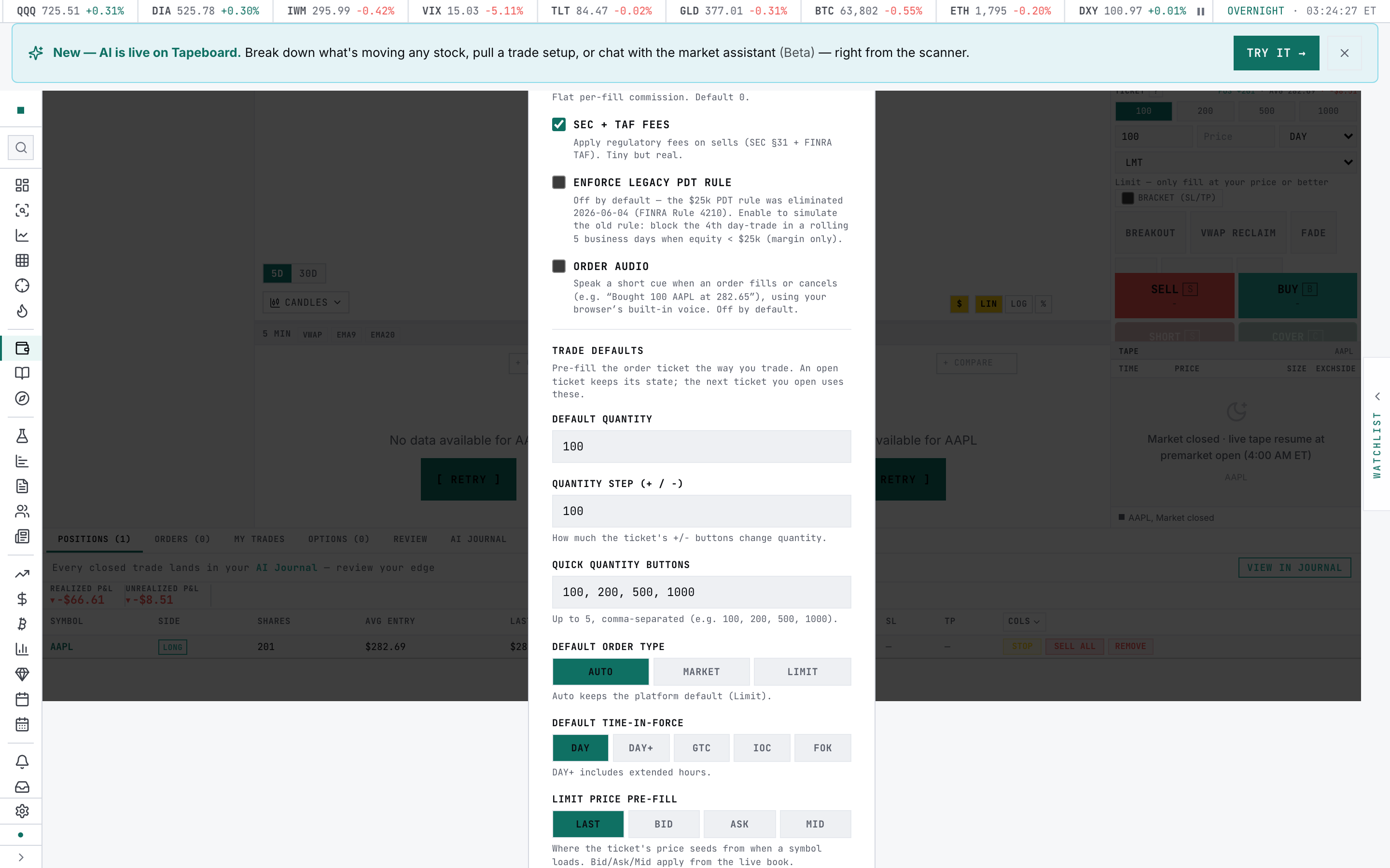 The Trade defaults section of Sim Settings — default quantity, quantity step, quick-quantity buttons, default order type, time-in-force, and limit-price pre-fill