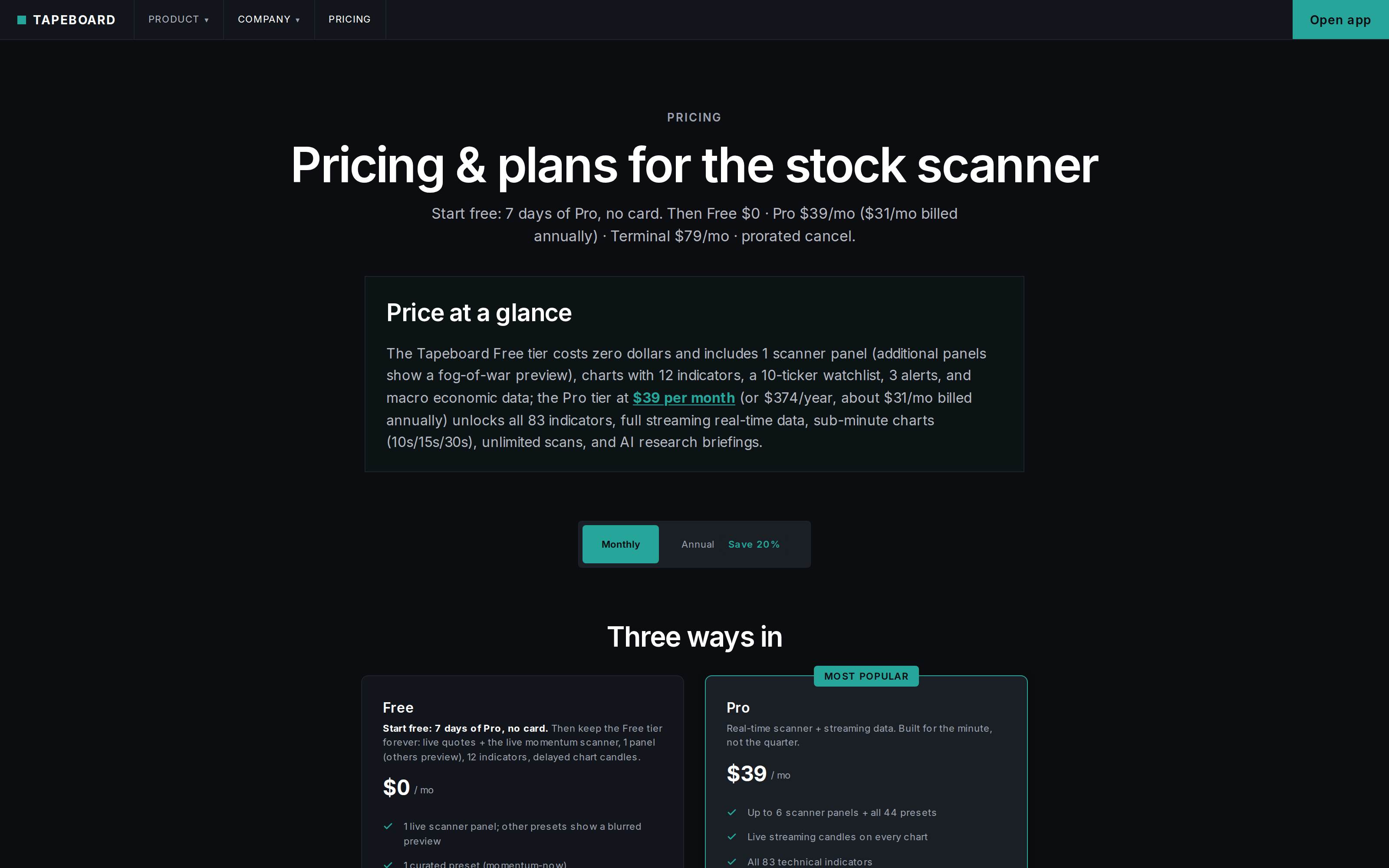 The three plans on the pricing page
