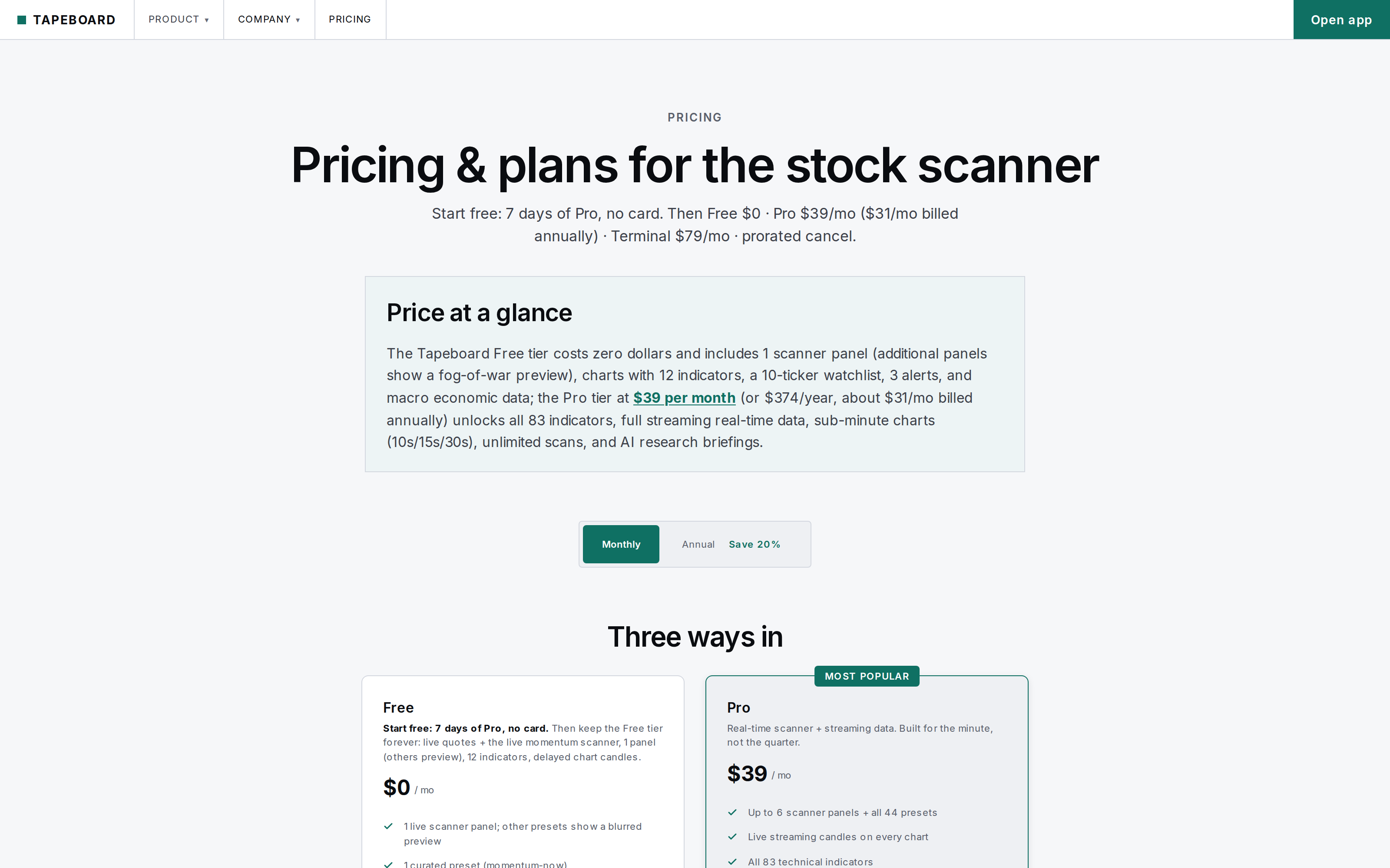 The three plans on the pricing page