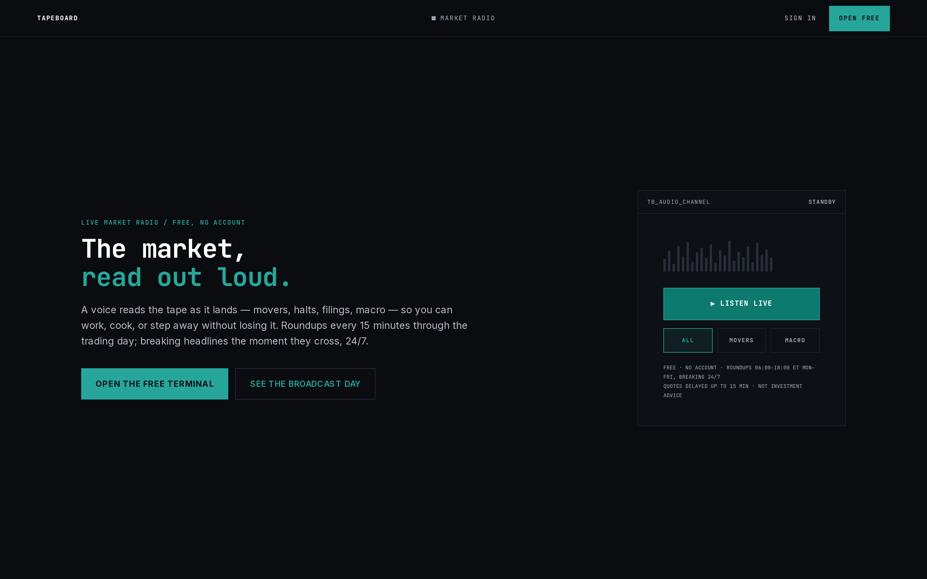 The radio page with the live player