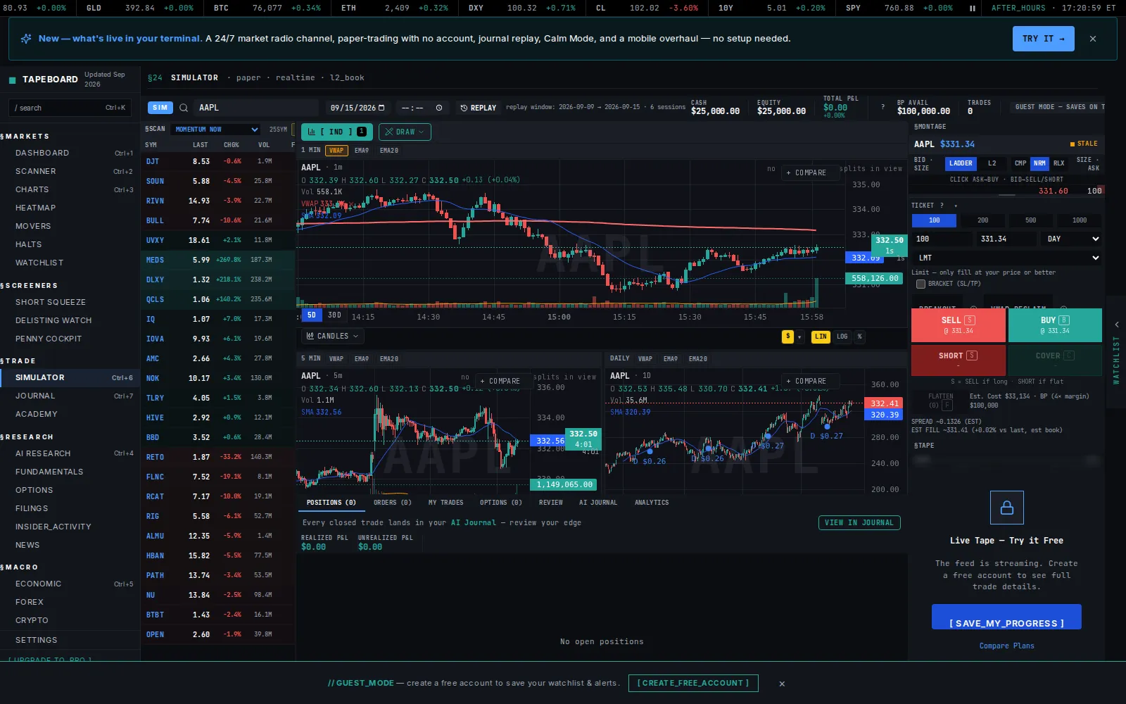 Tapeboard simulator surface: paper trading with simulated fills priced off live market data